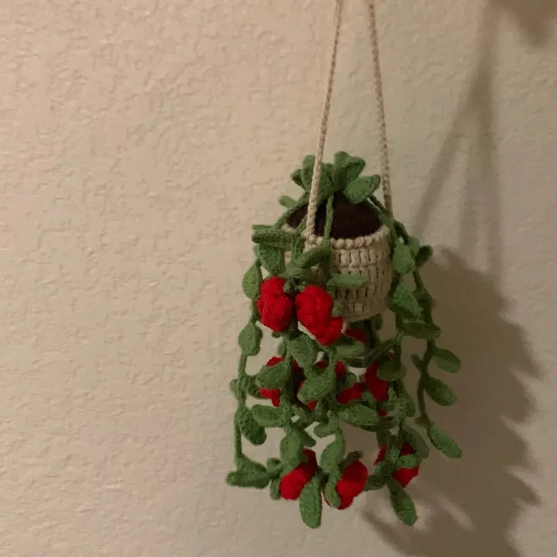 Crochet rose hanging flower pot