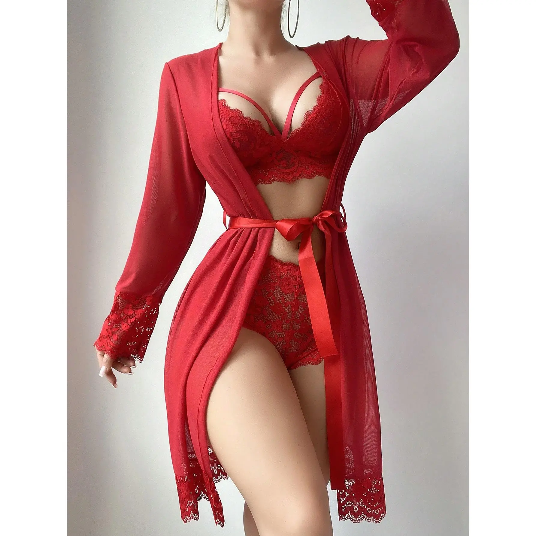 Women's 4pcs Set Lace Contrast Mesh Lingerie Set with Wireless Bra, Hipster Panties, Robe, Belt