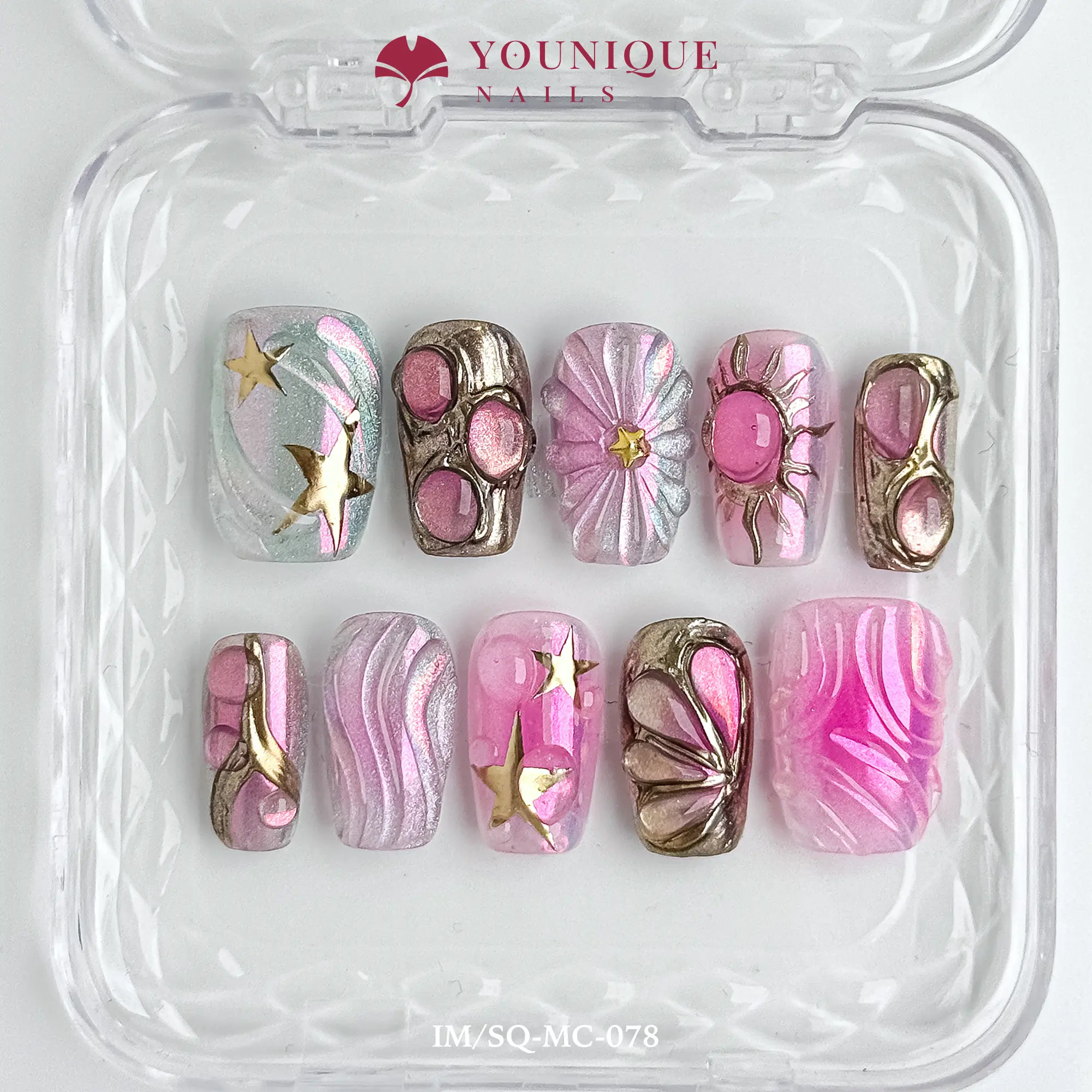 Younique Nails | 10PCS 100% Handmade Press-On Nails | Reusable Colorful Art acrylic stylish 3D, Multicolor, Nail Decor