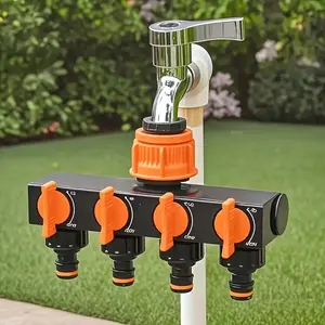 4-Way Garden Hose Splitter with 4 Independent Switches, Outdoor Watering System Faucet Connector, Leak-Proof Design for Lawn, Garden, Car Wash
