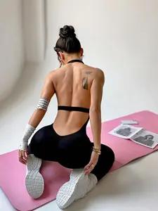 Women's Solid Backless Sports Bodysuit, Casual Sporty Sleeveless Bodysuit for Yoga Gym Workout, Ladies Sportswear for All Seasons, All Season Activewear