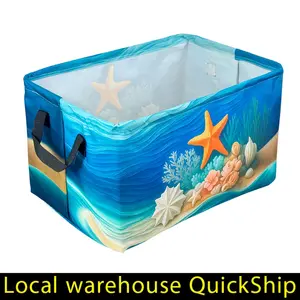 Foldable Blue Ocean World Marine Storage Basket with Starfish & Shell Print - Heavy-Duty Thickened Laundry Hamper, Turquoise Blue & Golden Beach Theme Bath Organizer with Sturdy Black Zippers-Like Straps for ' Room, Bathroom, Shelf Baskets