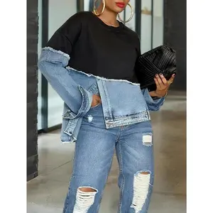 Women's Vibrant Color - Block Sweatshirt with Denim Panels |   Raw - Edge Accents |   Trendy Street Style