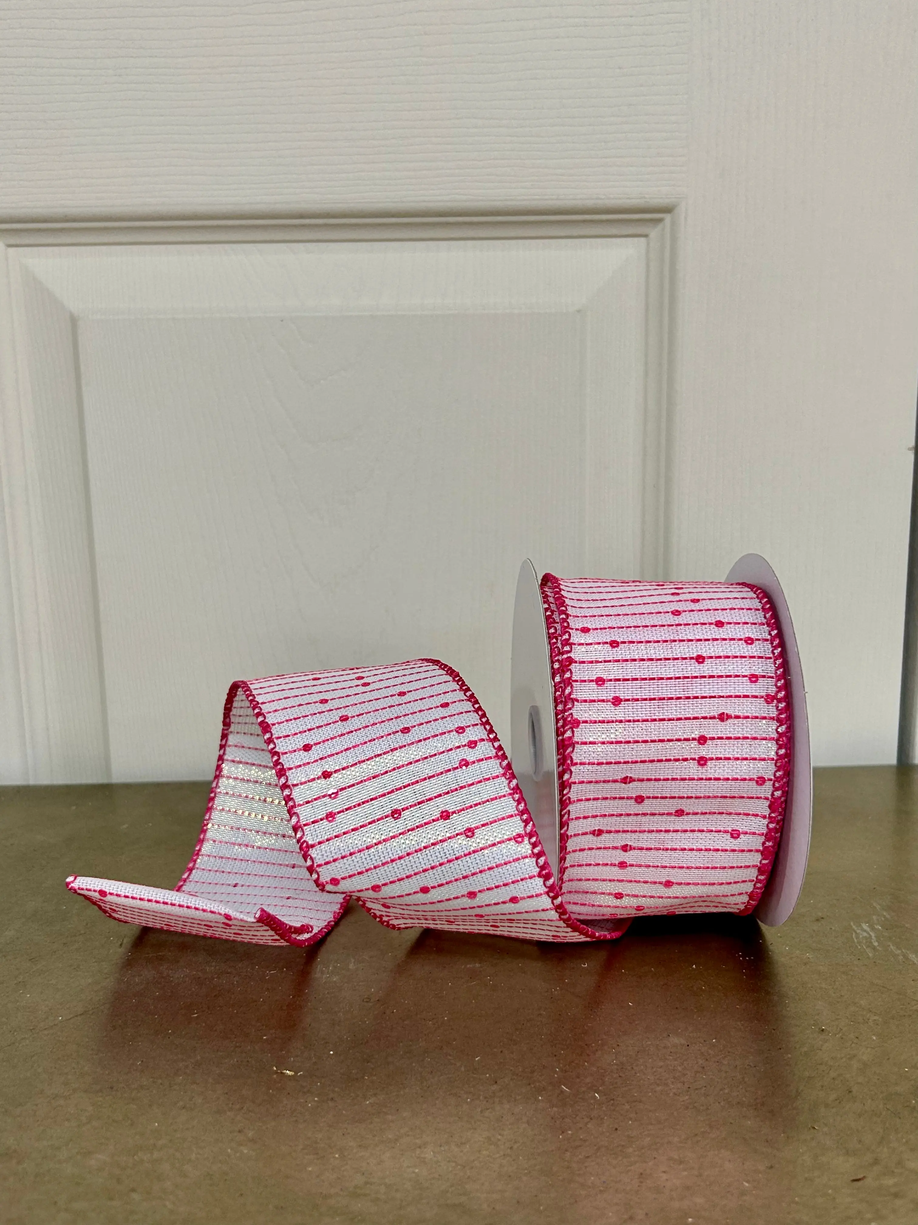 2.5 Inch By 10 Yard White Iridescent Fuchsia Woven Sequin Stripe Ribbon