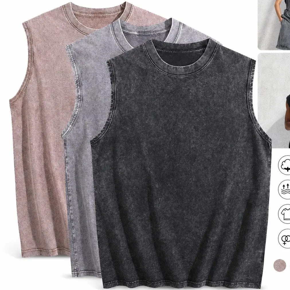 Unisex 2-Pack 2026 Retro Acid Washed Solid Color Cotton Vests - Moisture-Wicking Activewear Athletic Tank Tops, Sporty Cami Tops for Gym Training, Sporty Cami Top