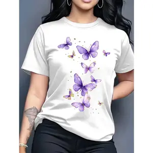 100% Cotton Butterfly Print Short Sleeve Round Neck Casual T-Shirt, Women's Spring and Summer Wear, Birthday Gift, Friend Gift, Sister Gift