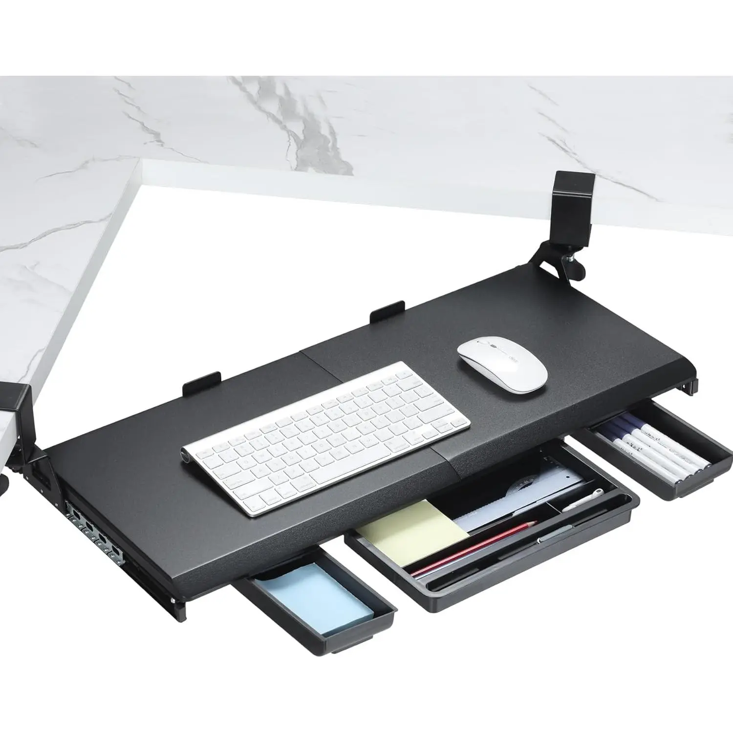 ETHU Adjustable Keyboard Tray for L-Shaped Desk – Ergonomic Under Desk Clamp-On Tray with 180° Swivel, Easy Install (26.77"x12.2")