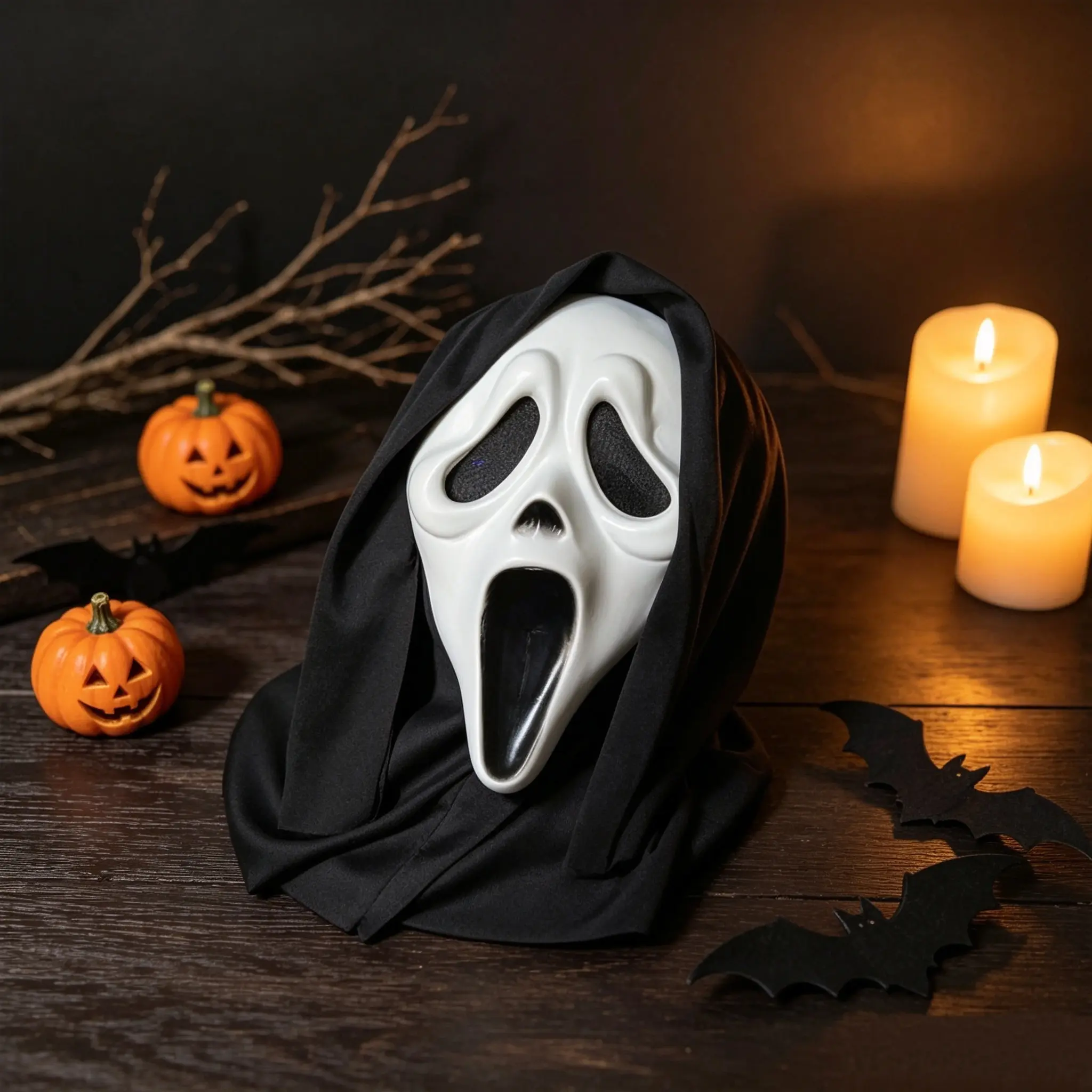 Crethinkaty Adult Screaming Ghostface Mask - Full Head Latex Mask with Black Hood for Halloween Cosplay, Party Decor