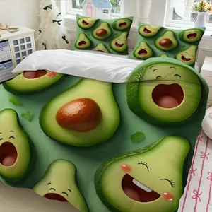 3pcs avocado cut open smiling face green bedding set (1*Duvet Cover + 2*Pillowcase, Without Core)+Soft comfortable and breathable Suitable for bedroom guest room hotel dormitory rooms