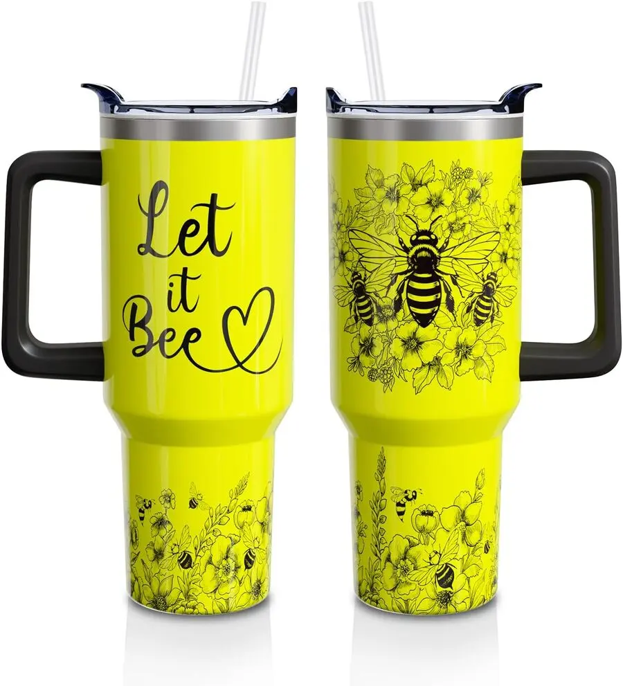40oz Double Wall Insulated Stainless Steel Tumbler - 1000-2000ml Bee Lovers' Flower Print Travel Mug for Mom, Adults, with Handle, Straw, Lid - 1PC Kitchenware Drinkware Reusable Flask, Teachers