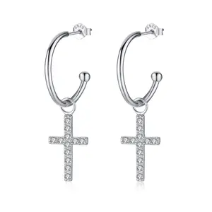 Presentski 925 Sterling Silver Cross Earrings Fashion Personalized  with White Transparent Zircon Earrings