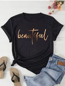 Plus Size - Plus Size - Short-Sleeved T-Shirt with Golden Letter Print, Plus Size, Round Neck, Versatile