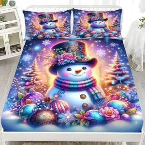 Fitted Sheet 3-Piece Set - 2D Flat Printed Christmas Snowman and Christmas Tree Pattern Mattress Covers, Available in 10 Sizes (1 fitted sheet + 2 pillowcases, no insert). skin-friendly and breathable bedding, suitable for family bedrooms .