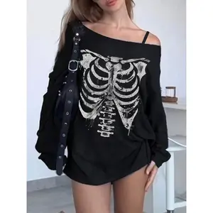 Women's retro Halloween skull long sleeved T-shirt, unique asymmetrical shoulder design, spring and autumn casual loose top, women's clothingRAIMENTRY