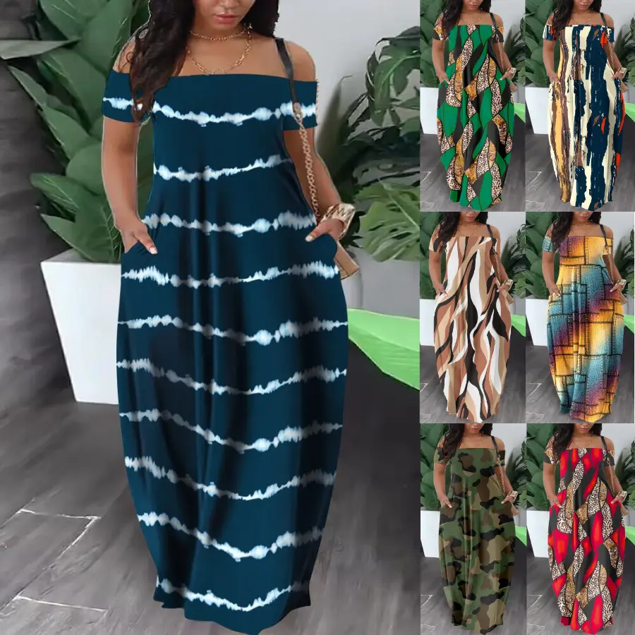 Women's Summer New Fashion Printed Dress with Pockets and Straps