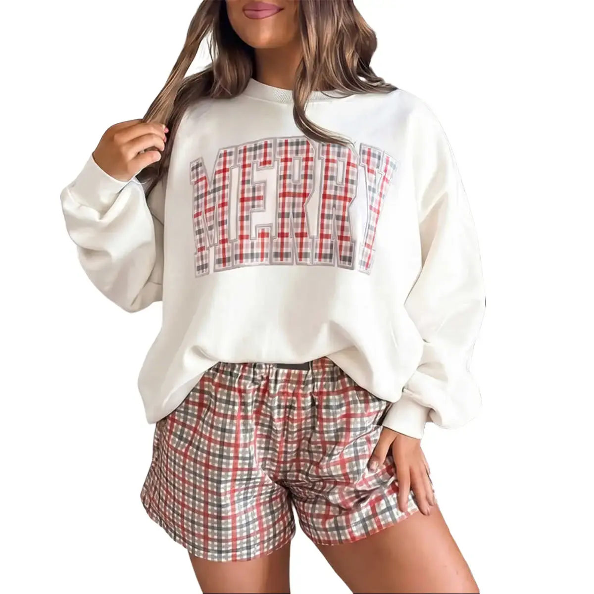 PHEFEE Women's 2-Piece Christmas Loungewear Set - Crewneck Breathable Blend Sweatshirt, Plaid Print Short Pants with Elastic Waist