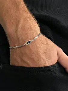 Men's Summer Street Hip Hop Style Trend Link Bracelet, Minimalist Plain All-match Bracelet, Black Rhinestone Square Design Fashion Retro Stainless Steel Jewelry As Gift, Jewelry Gifts, Accessories for Men