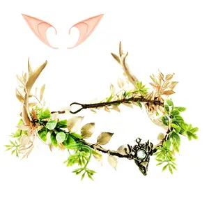 GentleLie Fairy Leaf Antler Headpiece for Women, Forest Goddess Crown with Green Leaves & Gold Branches, Elegant Fantasy Headband for Halloween, Party, Cosplay & Photoshoot