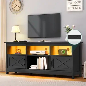 YITAHOME Farmhouse TV Stand for TVs Up to 65 Inch, Modern Entertainment Centre with Power Outlet, TV Shelf with Storage Cabinet, Television Stands for Living Room, Media Console, 59"