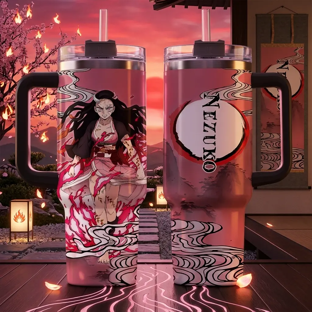 Demon Slayer Nezuko 40oz Stainless Steel Tumbler, Nezuko Kamado Pink Flame Blood Demon Art Design, Perfect Gift for Anime Fan