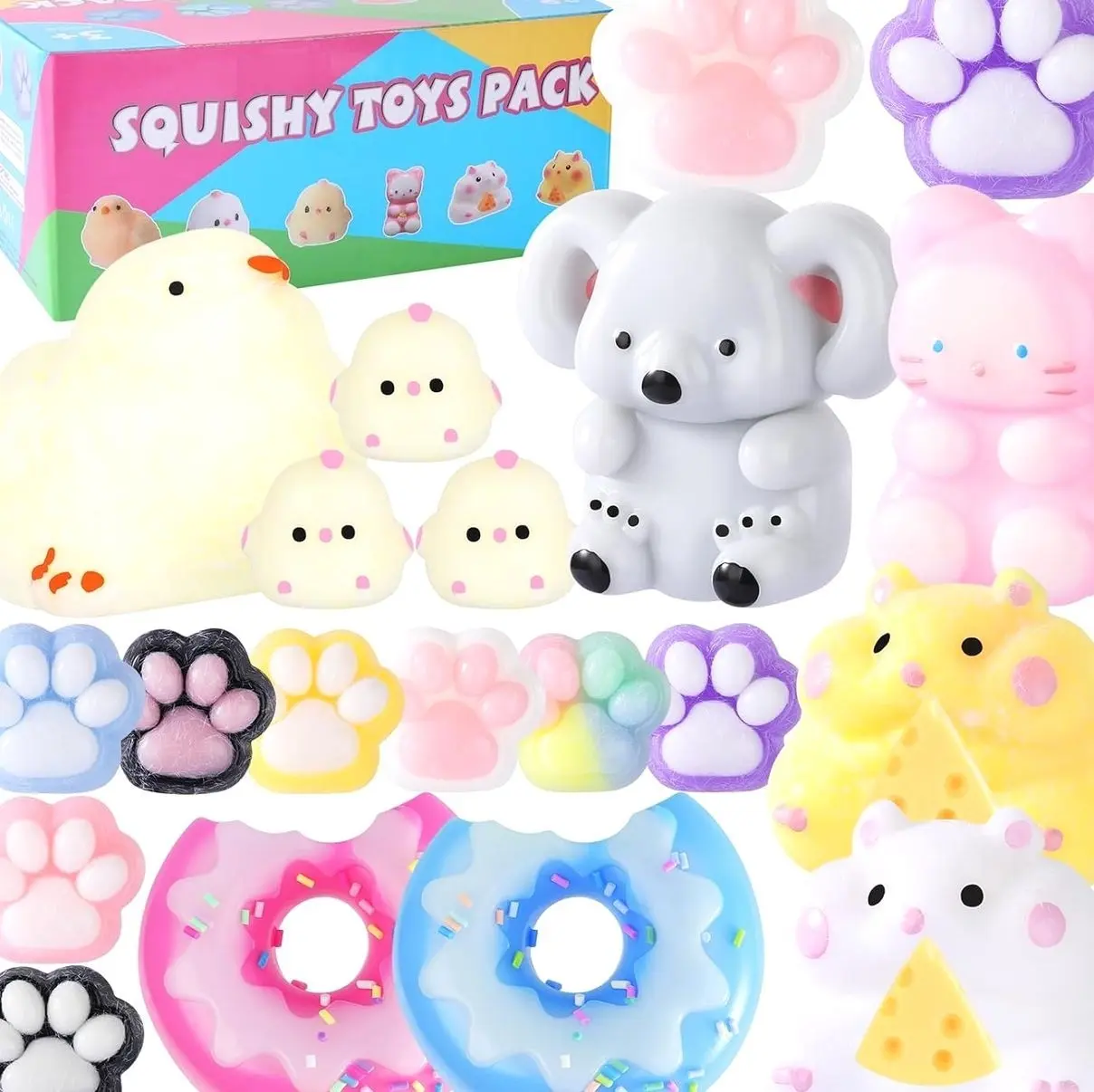 Taba Squishy 20Pack, Fufu Squishy Fidget Toys Kit, Include Squishies Chick Toys, Cat Paws, Hamster, Stress Relief Toy, Squeeze Toys, Party Favors, Birthday Gift for Girls, Boys, Kids