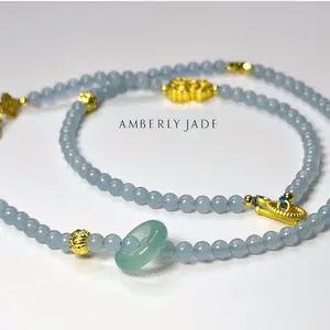 Harmony Jade Beaded Necklace & Bracelet – Dual-Wear, 18K Gold-Plated Accents-Wuji-quality natural jadeite from Burma