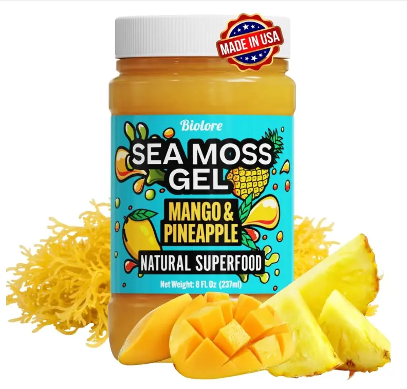 Biolore Sea Moss Gel Mango Pineapple – Flavored Superfood with Natural Electrolytes – Wildcrafted Mango Jam Sea Moss, with Minerals, Vegan, Made in USA – 8oz Trial Size