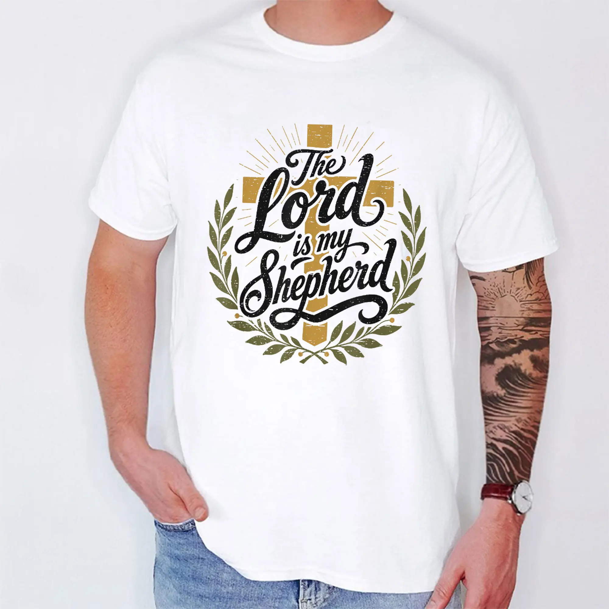 [100% Cotton] The Lord Is My Shepherd T-Shirt, The Lord Is My Shepherd Christian Graphic Tee, Psalm 23 Faith Shirt, Vintage Bible Verse Tshirt, Inspirational Church Short Sleeve Oversized Tee, Gift For Christian Men Women