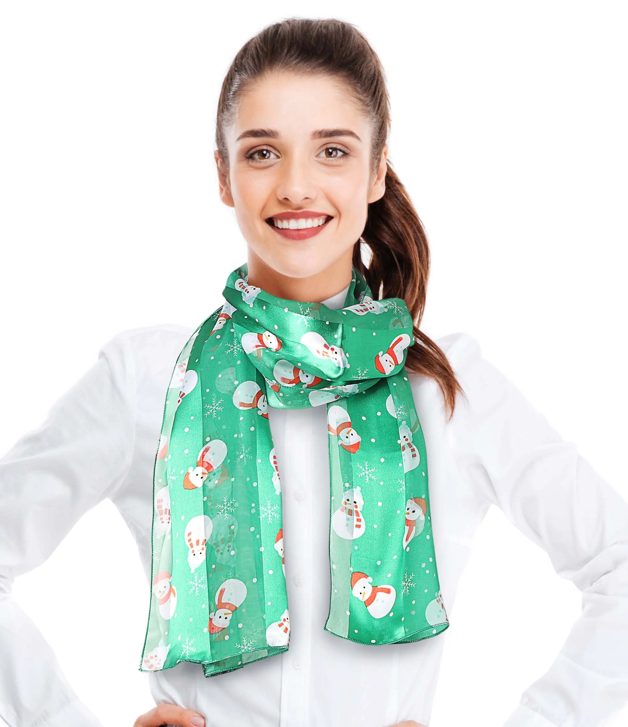 CBC Crown Women's Christmas Scarf with Festive Snowman Print, Lightweight & Silky Soft Polyester, Green, 13" x 60", Hand Wash, Basic