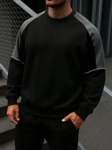 Men's Solid Color Patchwork Crew Neck Long Sleeve Knit Fitted Casual Top, Comfortable Fashion Design, Perfect for Spring & Fall Seasons