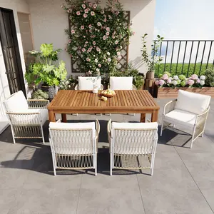 Patio Wooden Dining Table Set, Outdoor 67''L Rectangular Table with 6 Rattan Arm Chairs for Poolside, Backyard, Garden, Natural
