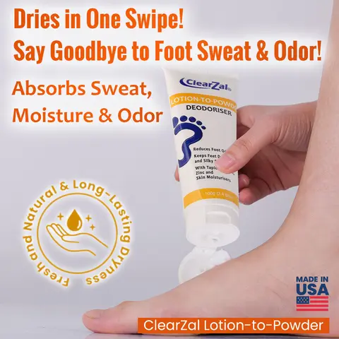 ClearZal Lotion-To-Powder Deodoriser, hyperhidrosisre commended solution to stop sweaty, smelly feet, Helps prevent blisters, Great for hyperhidrosis