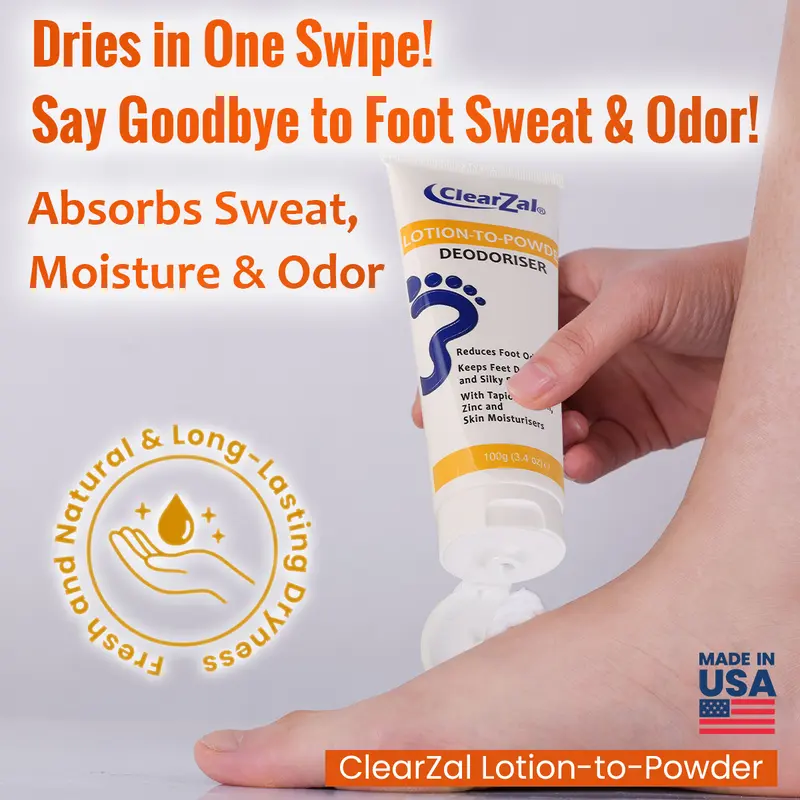 ClearZal Lotion-To-Powder Deodoriser, hyperhidrosisre commended solution to stop sweaty, smelly feet, Helps prevent blisters, Great for hyperhidrosis