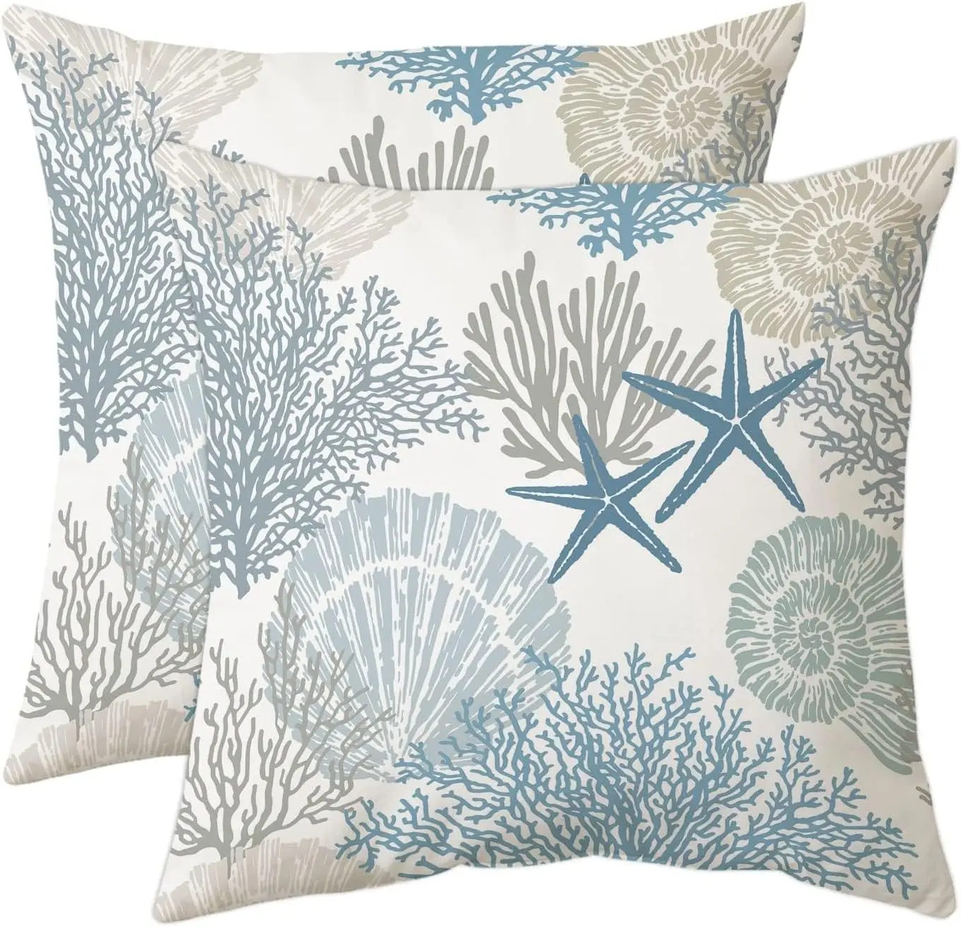 Set of 2 Coastal Starfish Throw Pillow Covers, 18x18 Inch Nautical Coral & Seashell Cushion Cases for Sofa, Bedroom, Living Room