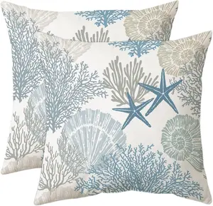 Set of 2 Coastal Starfish Throw Pillow Covers, 18x18 Inch Nautical Coral & Seashell Cushion Cases for Sofa, Bedroom, Living Room