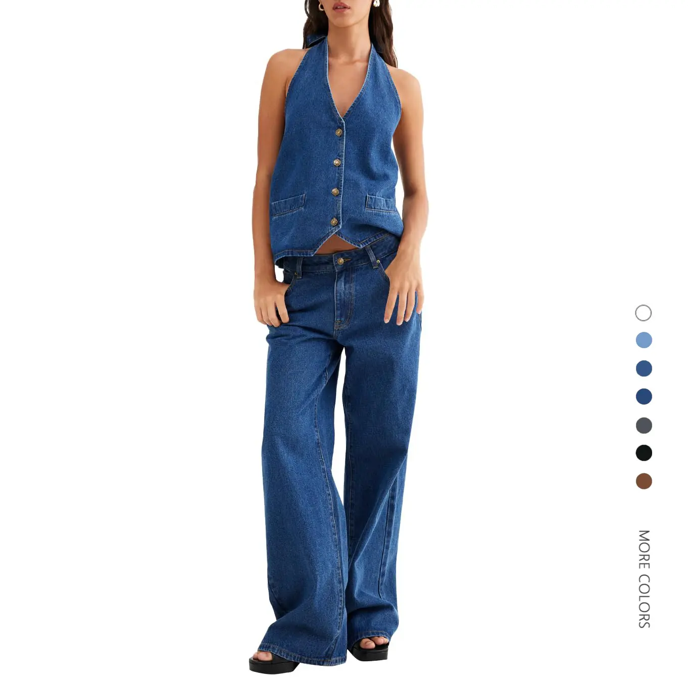 Danedvi Women's Cotton 2-Piece Casual Suit Set - Sleeveless Backless Button-Down Tank Top, Wide-Leg Denim Jeans Women's Denim 2-Piece Set, Denim Two Piece Set