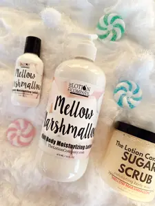 Mellow Marshmallow Body Lotion & Sugar Scrub – 16 oz, 2 oz Travel & 11 oz Options – The Lotion Company