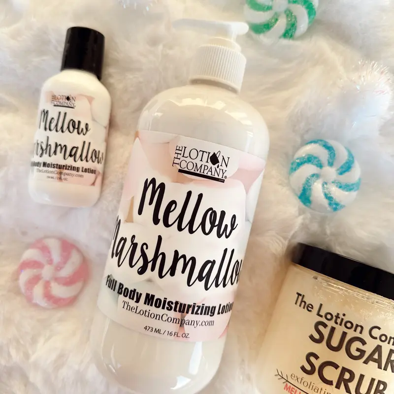 Mellow Marshmallow Body Lotion & Sugar Scrub – Pick your size - 16 oz, 2 oz Travel & 11 oz - (light, soft & mellow scent) – The Lotion Company Lightweight Fluffy