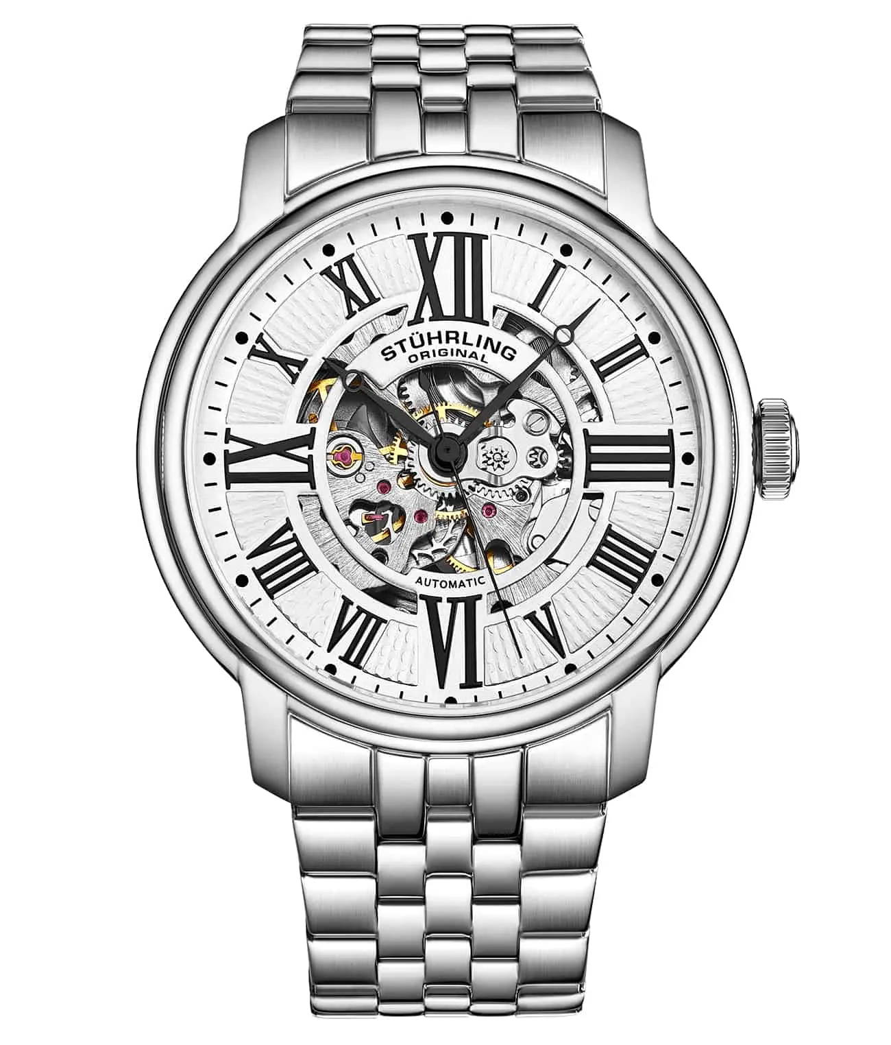 Stuhrling Men's Atrium 4031 Auto-Winding Automatic Movement Fashion Watch - 42mm Stainless Steel Skeleton Dial, Roman Numerals, Modern, Masculine Wrist Watches, Large Dial Wrist Watches