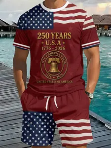Men's 3D Digital Printed 2-Piece Set, Star-Spangled Golden Bell Commemorative Collection, Trendy Fashion Outfit, Retro Casual Two-Piece Suit, Vacation-Style Trendy Wear, Breathable Sports Casual Style, Perfect Holiday Gift for Men
