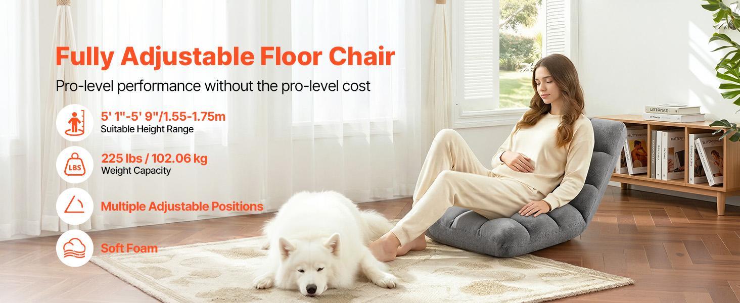 【FathersDayGift】VEVOR Floor Chair, 14 Adjustable Positions Folding Floor Gaming Chair with Back Support, Sturdy Metal Frame with Recycled Foam and Coral Fleece Surface, Multifunctional for Reading, Relaxing, Gray