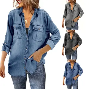 Fessceruna Womens Button Down Denim Shirt Long Sleeve Roll Up Casual Oversized Jean Shirt Jacket Distressed Tunic Tops