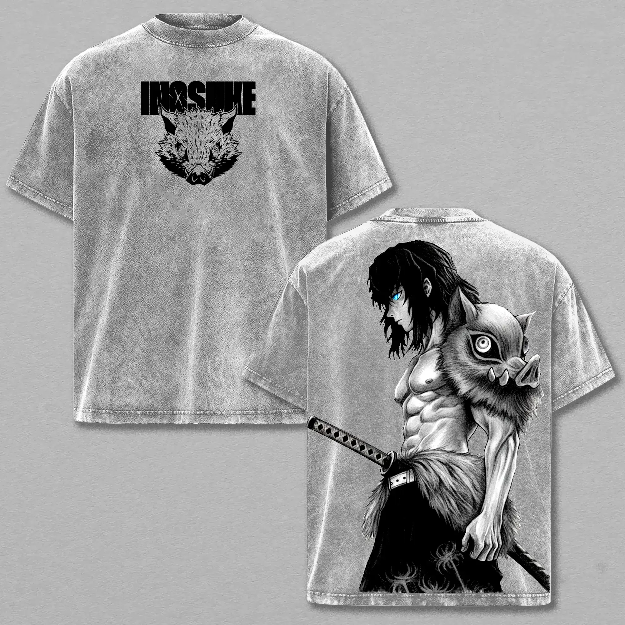Inosuke Anime Washed Tee – Demon Slayer Vintage Manga T-Shirt, Cool Japanese Anime Graphic Shirt, Oversized Streetwear Trendy Otaku Gift, Aesthetic Shonen Anime Tee men clothing