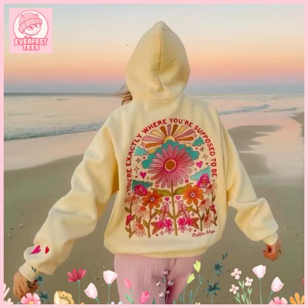 [SALE UP TO 30%] Women's Floral Graphic Hoodie - Pastel Yellow with Floral back Print - Lightweight Pullover Sweatshirt for Everyday & Beach Outfits - Machine Washable Women's Clothing, Ladies Beach Wear