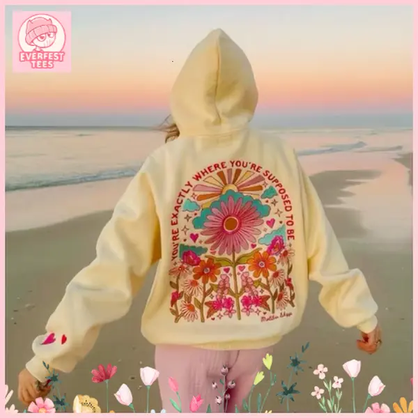 [SALE UP TO 30%] Women's Floral Graphic Hoodie - Pastel Yellow with Floral back Print - Lightweight Pullover Sweatshirt for Everyday & Beach Outfits - Machine Washable Women's Clothing, Ladies Beach Wear