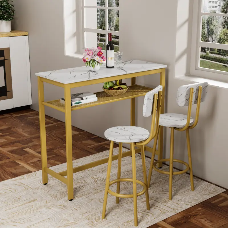Dining Table Set 3 Pieces, Bar Table Set with 2 Stools,3 Piece Counter Height Bar Set for Kitchen, Living Room, Small Apartment Breakfast Table White Faux Marble Top