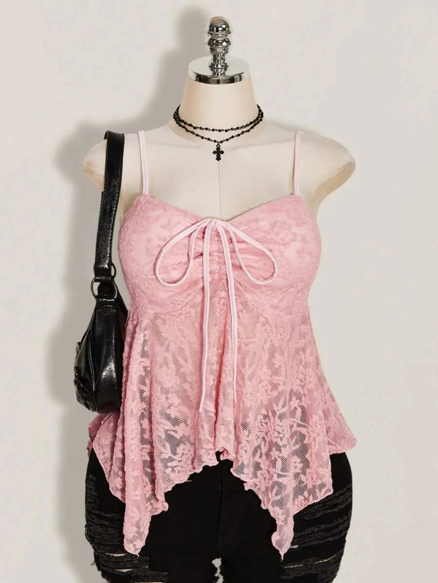 Women's Plus Size Lace Cami Top Ruched Lace-Up Spaghetti Strap Tank for Date Night and Club