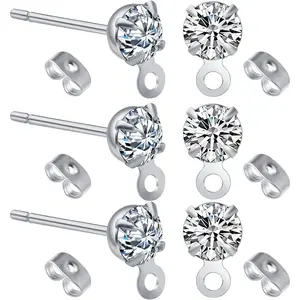 30pcs Stainless Steel Earring Posts Rhinestone Earring Studs Hypoallergenic Cubic Zirconia Ear Studs and 30pcs Butterfly Earring Backs for DIY Jewelry Making Birthday Party Favor Gifts