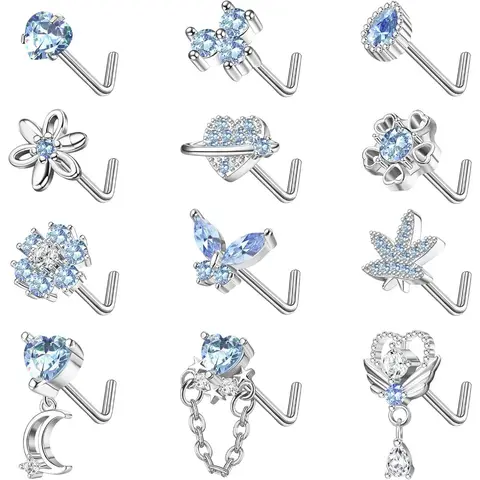 12 PCS 20G Nose Rings Surgical Stainless Steel, L Shaped Nose Studs for Women Men, CZ Heart Butterfly Flower Leaf Moon Dangle Cute Nose Piercings Studs Screw Jewelry