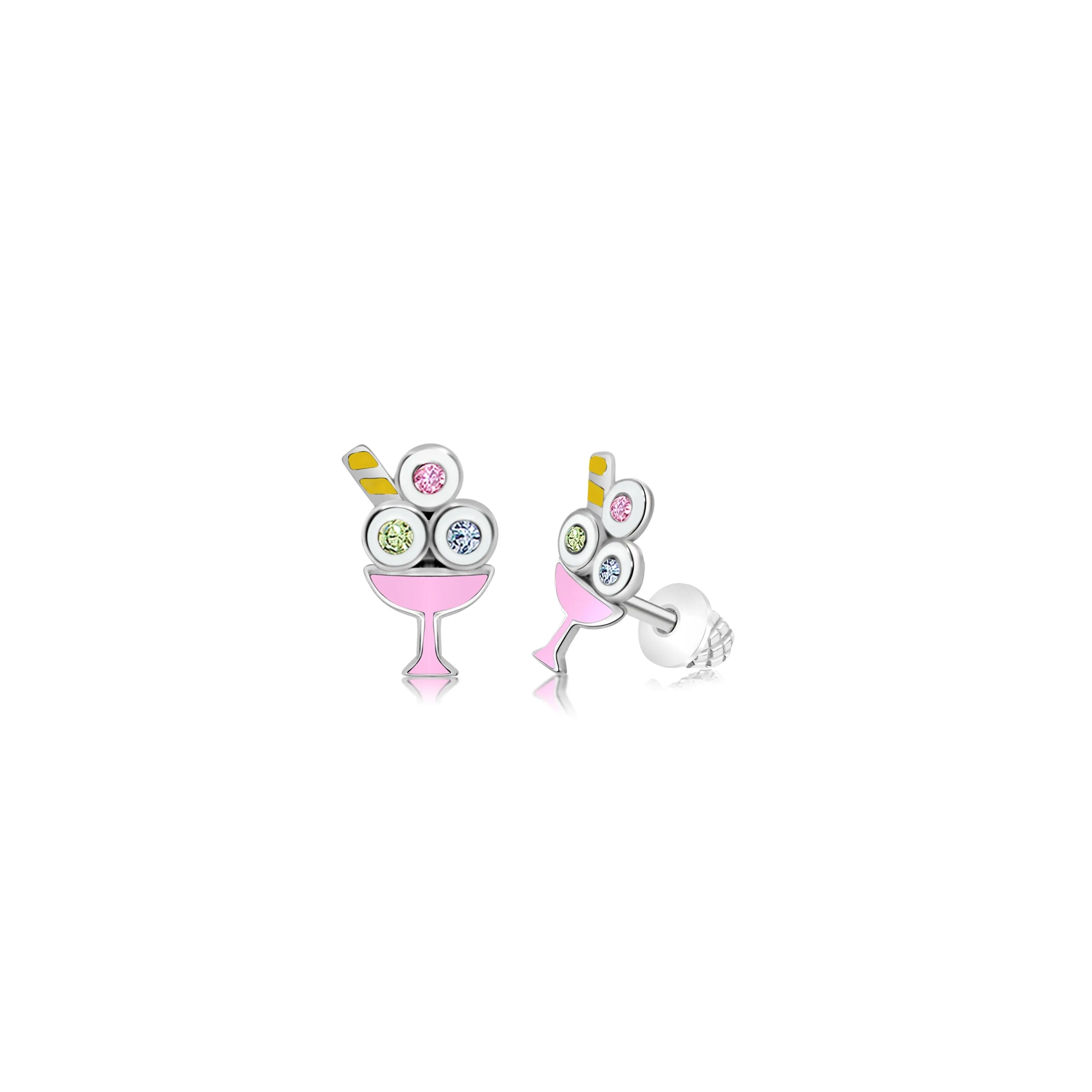 Ice cream Crystal White Gold Palladium Plating Hypoallergenic Kids Screwback Stud Earrings Surgical Titanium Posts